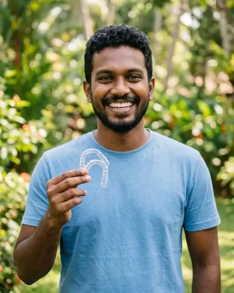 Smiling Precisalign patient holding a clear aligner